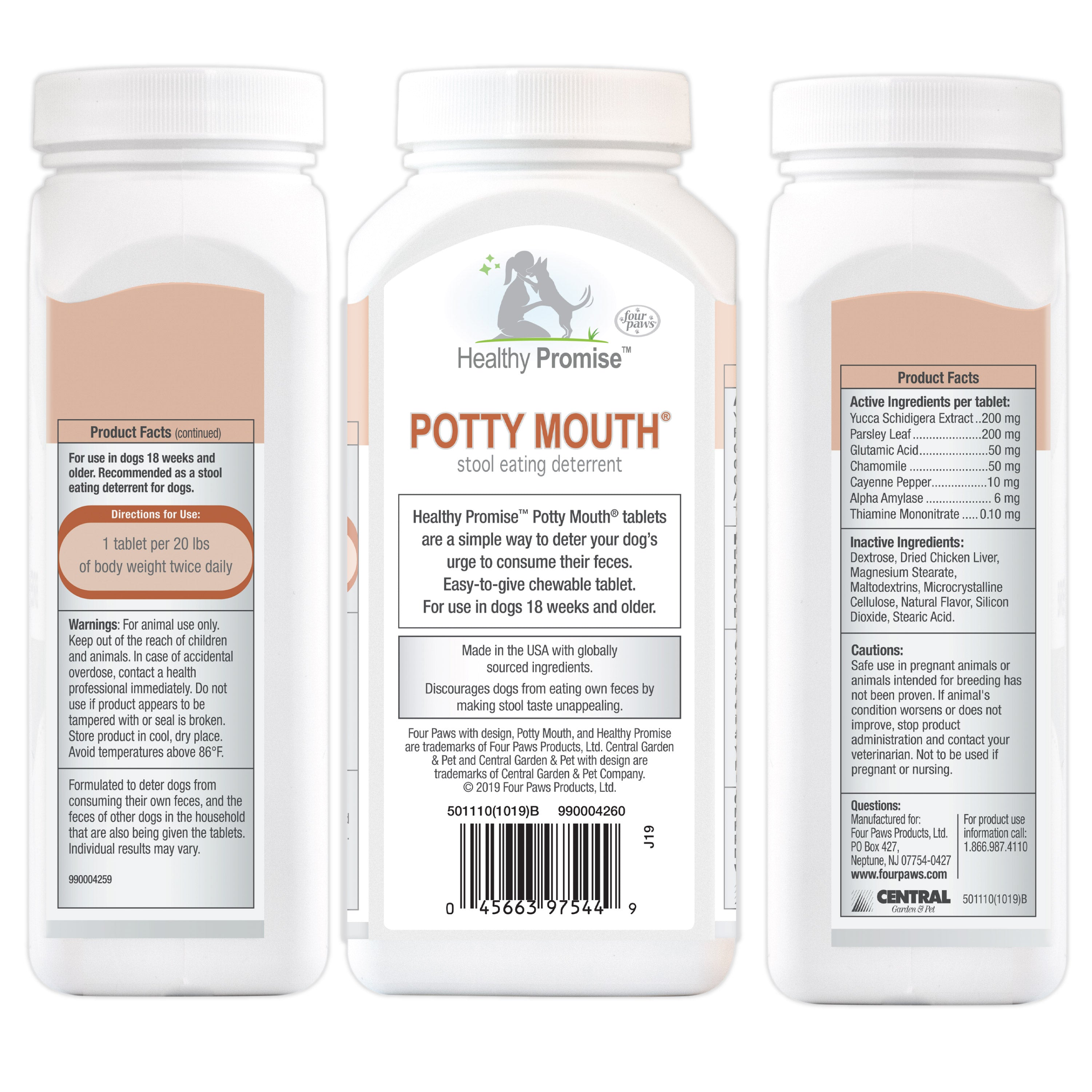Four Paws Potty Mouth Tablets - Coprophagia Deterrent for Dogs, 90 Count, Healthy Promise, Stops Stool Eating