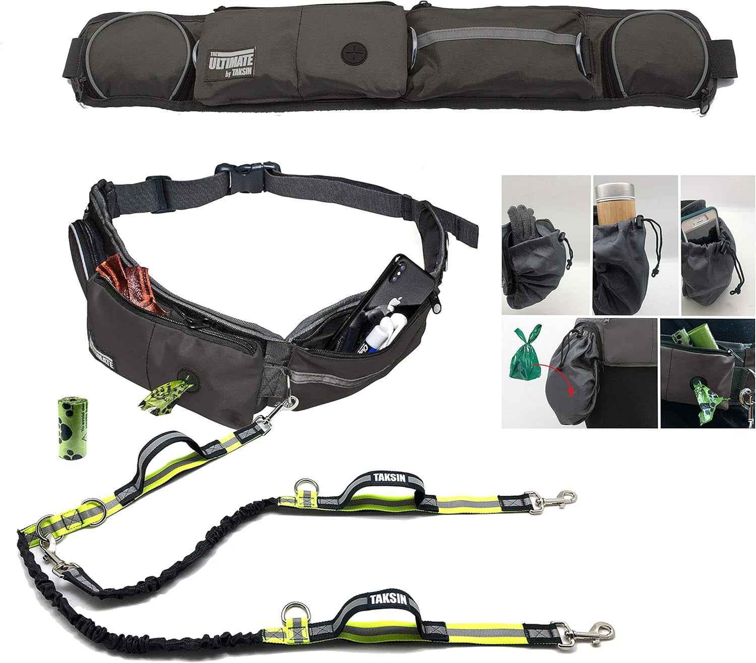 Hands Free Double Dog Leash Bungee Reflective Kit