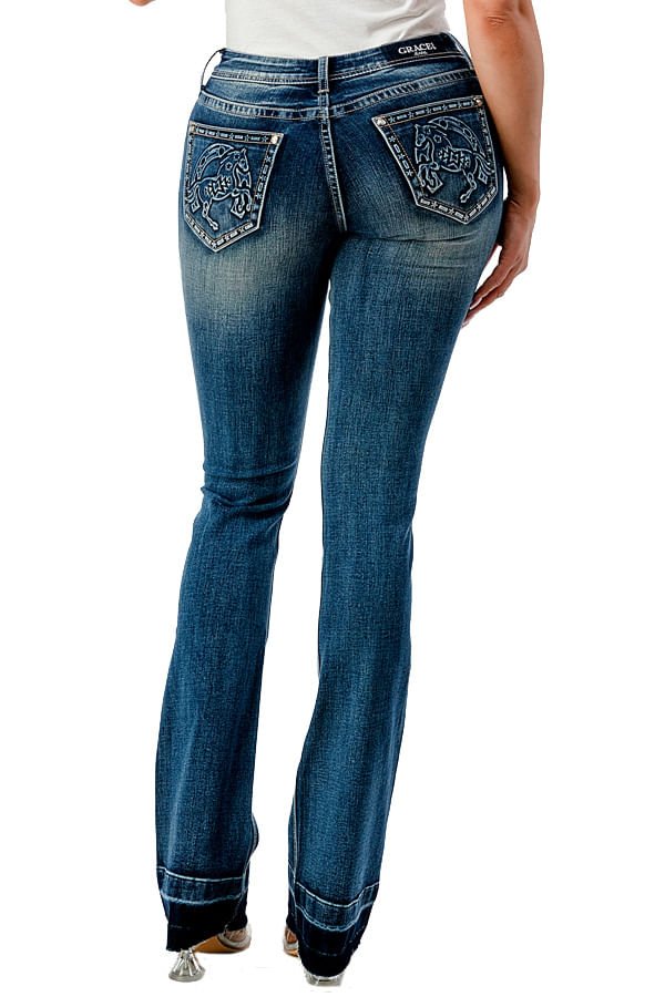 Grace in LA Womens Western 3D Horse Mid Rise Bootcut Jeans