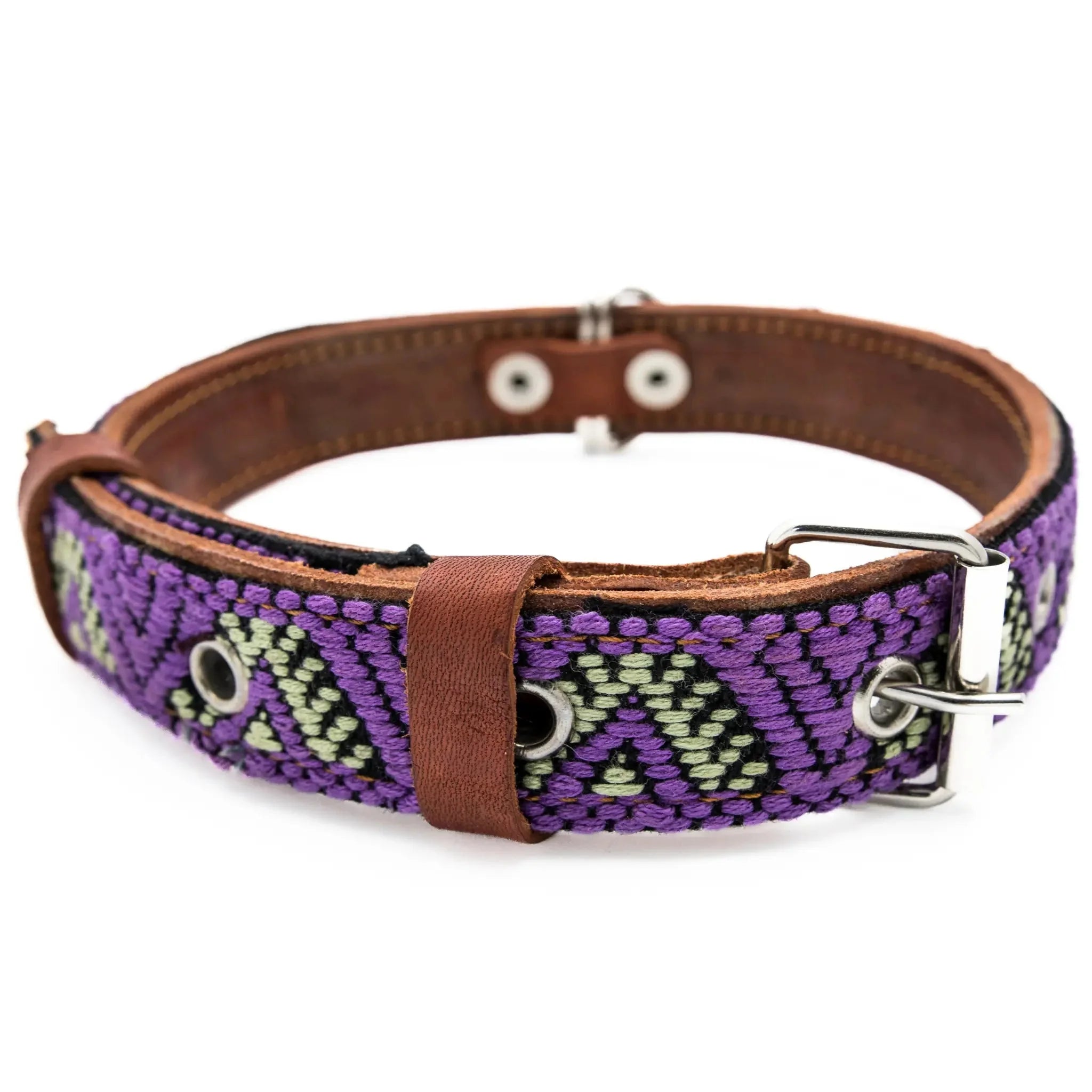 Handmade Leather Dog Collar — Aztec Embroidered | Amethyst