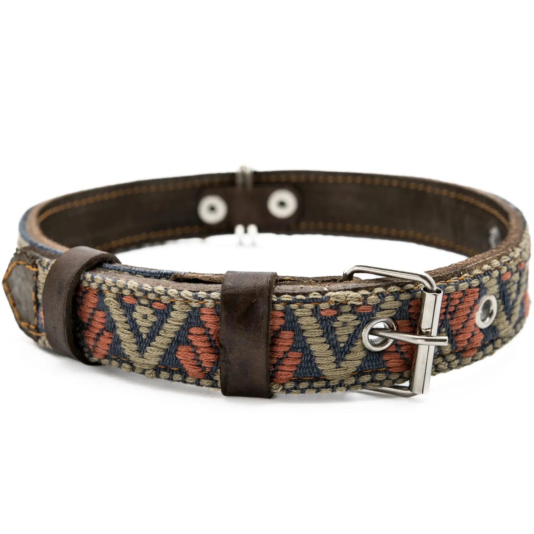 Handmade Leather Dog Collar — Aztec Embroidered | Bronze Olive