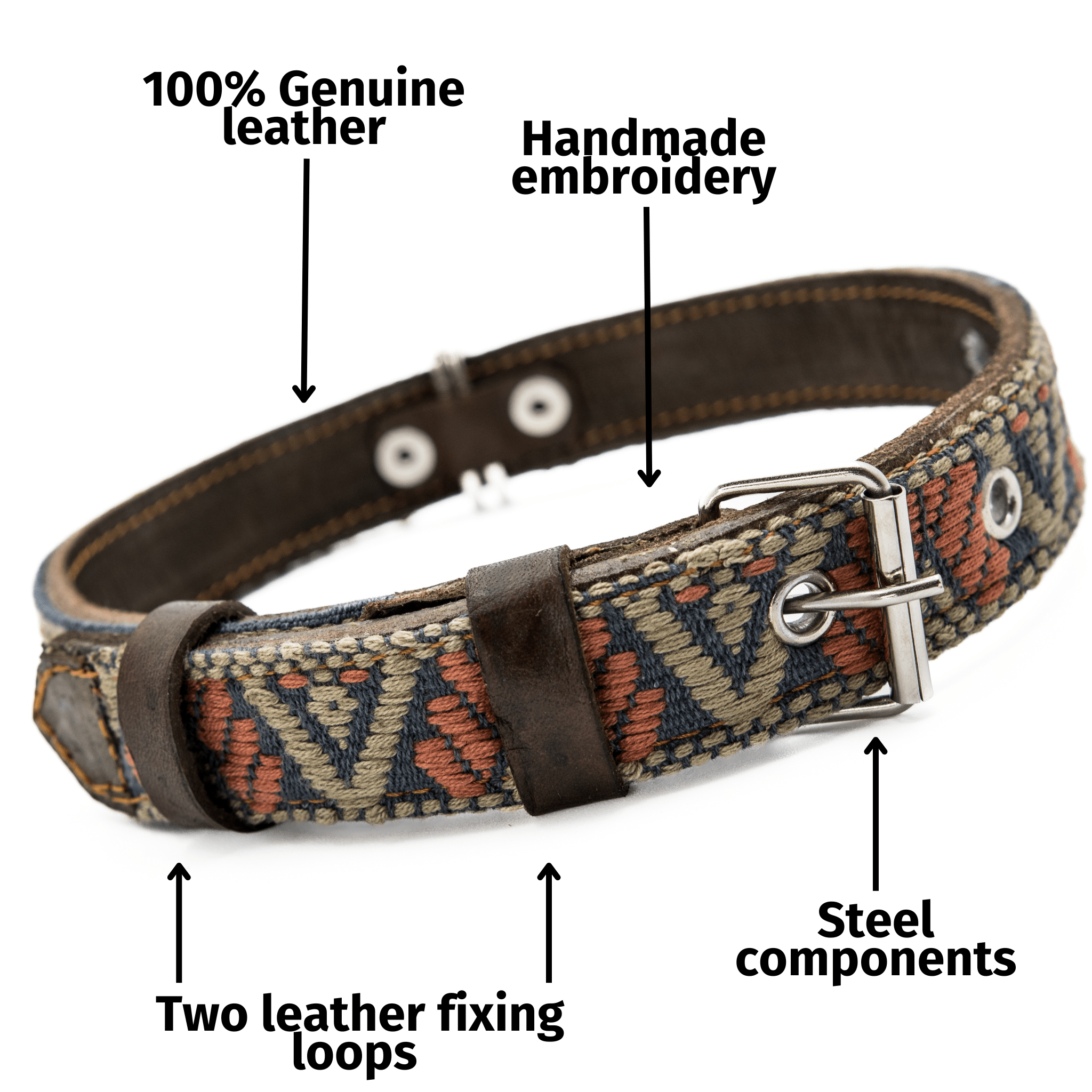 Handmade Leather Dog Collar — Aztec Embroidered | Bronze Olive