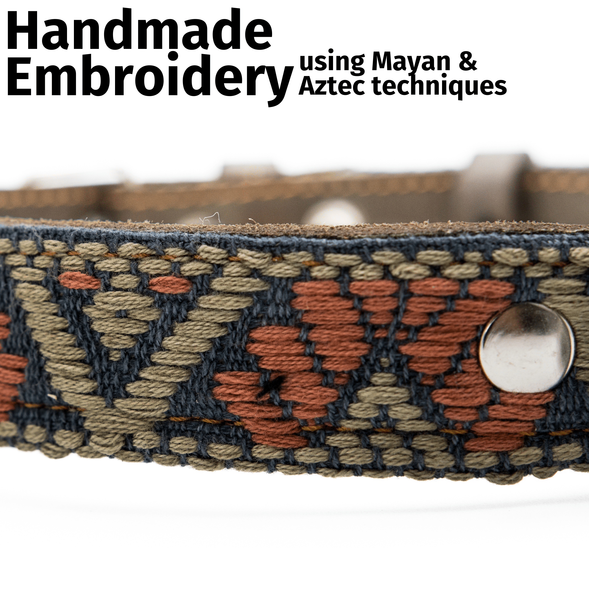 Handmade Leather Dog Collar — Aztec Embroidered | Bronze Olive