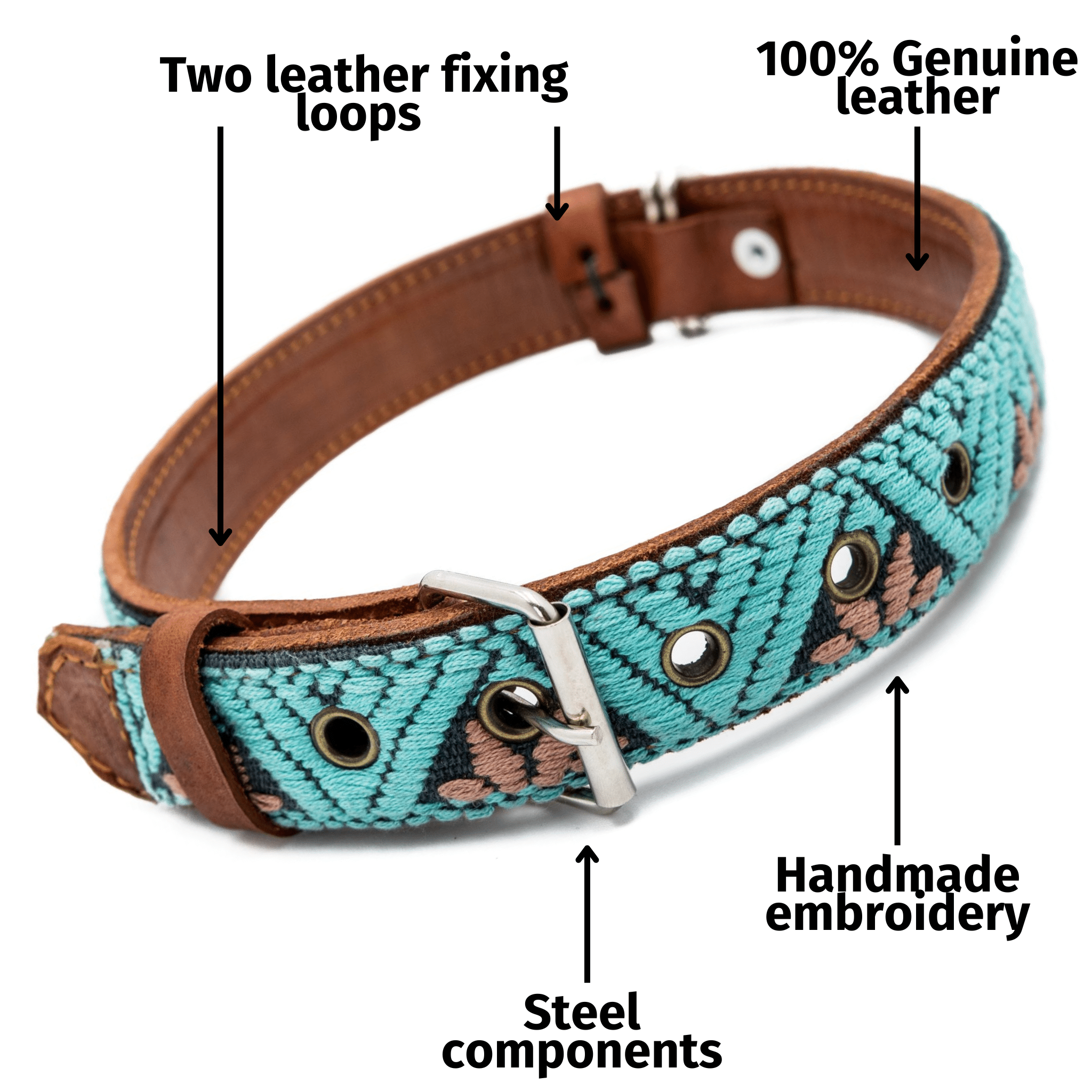 Handmade Leather Dog Collar — Aztec Embroidered | Teal