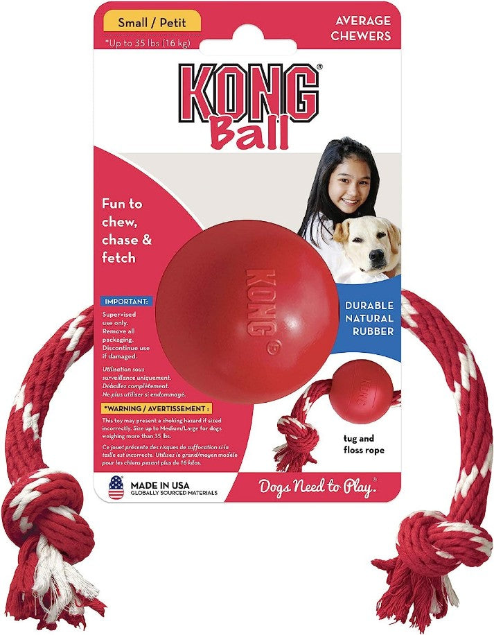 Kong Ball With Rope - Durable Fetch Toy With Rope For Easy Throwing - For Tug, Playtime & More - Natural Rubber - Red - For Small Dogs
