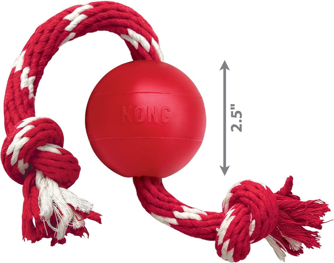 Kong Ball With Rope - Durable Fetch Toy With Rope For Easy Throwing - For Tug, Playtime & More - Natural Rubber - Red - For Small Dogs