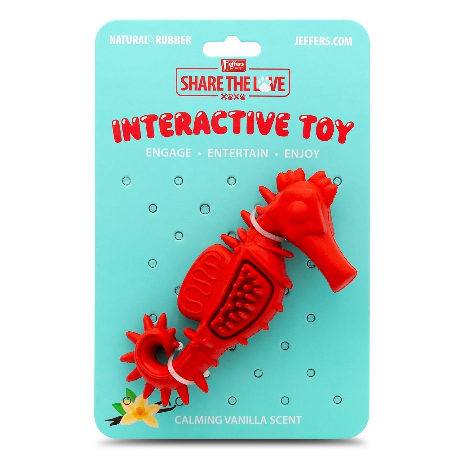 Jeffers Red Seahorse Natural Rubber Dog Chew Toy with Vanilla Scent and Textured Ridges for Dental Health