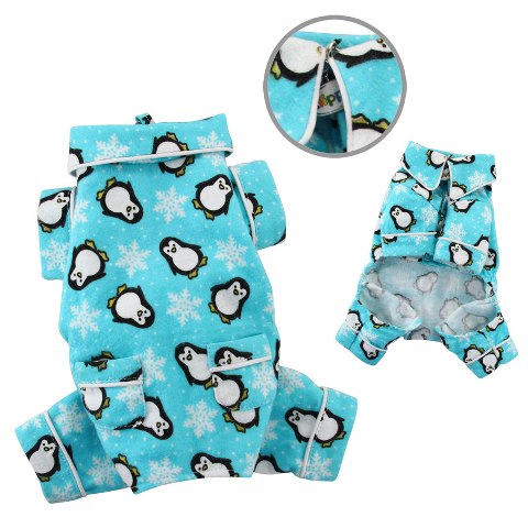 Penguins & Snowflake Flannel Dog Pajamas/Bodysuit/Loungewear - Turquoise - LARGE