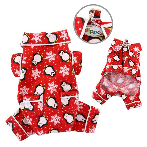 Klippo Penguins & Snowflake Flannel Dog Pajamas/Bodysuit/Loungewear - Red - Large