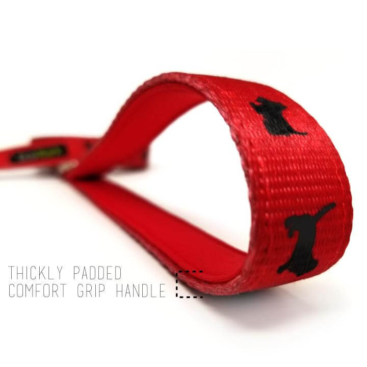 EcoBark Cherry Red Dog Leash- Padded Comfort Grip Leash with Dog Pattern - 4 ft, 5 ft, and 6 ft Leash for Small and Medium Dogs