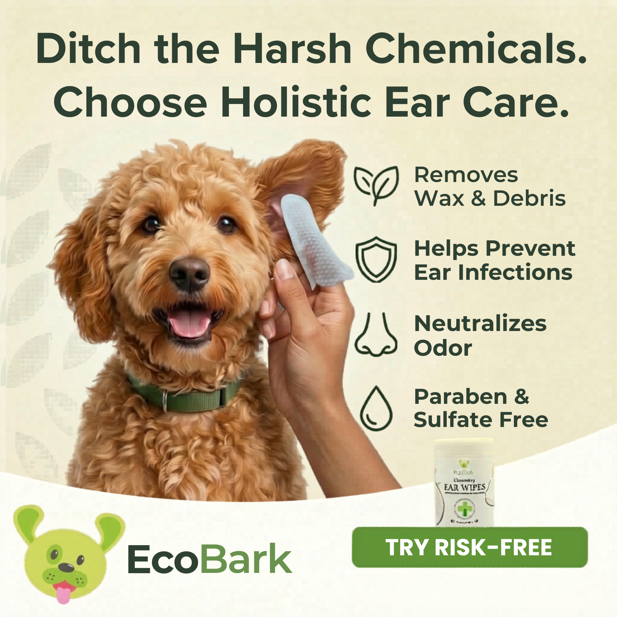 Natural Dog Ear Finger Wipes | EcoBark Coconut Cleansing Ear Wipes for dogs (50 Count)