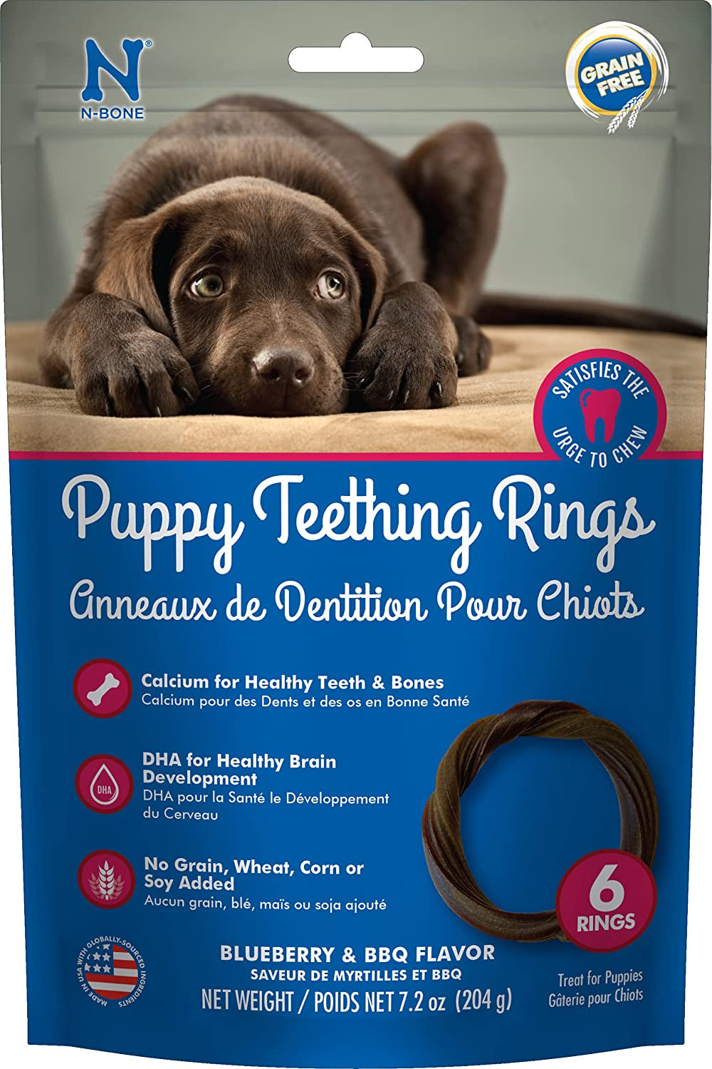 N-Bone Puppy Teething Rings Grain-Free Blueberry & Bbq Flavor Dog Treat, 6 Count Bag, 7.2-Oz