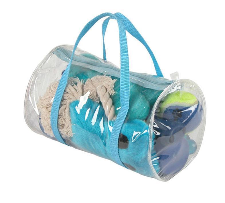 Pet Life ® Duffle Bag 8 Piece Jute Rope and Rubberized Squeak Chew Pet Dog Toy Gift Set