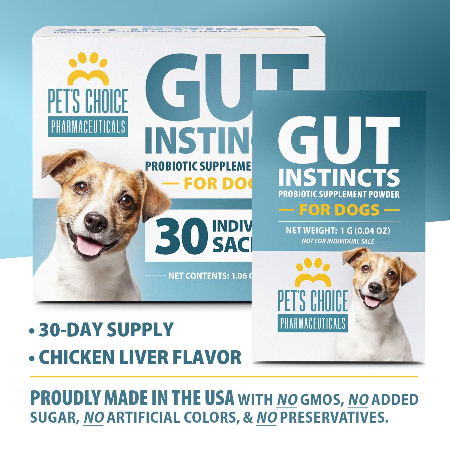 Pet's Choice Gut Instincts Probiotic Powder Packets for Dogs  Daily Digestive & Immune Support, 30 Count