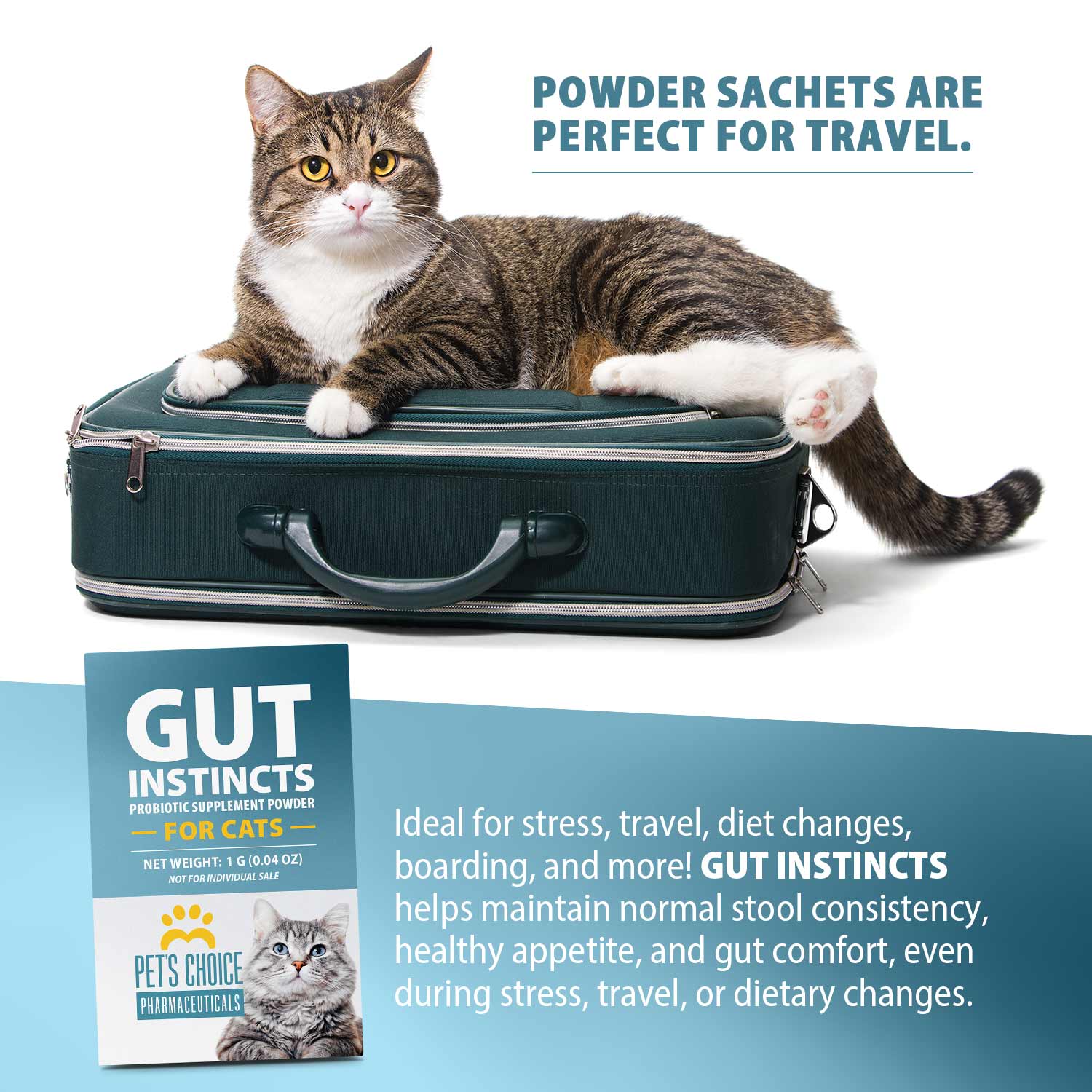 Pets Choice Gut Instincts Probiotic Supplement for Cats, Digestive & Immune Support, 30 Powder Packets, Made in USA