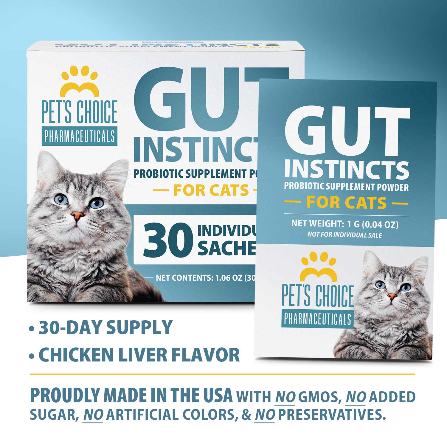 Pets Choice Gut Instincts Probiotic Supplement for Cats, Digestive & Immune Support, 30 Powder Packets, Made in USA