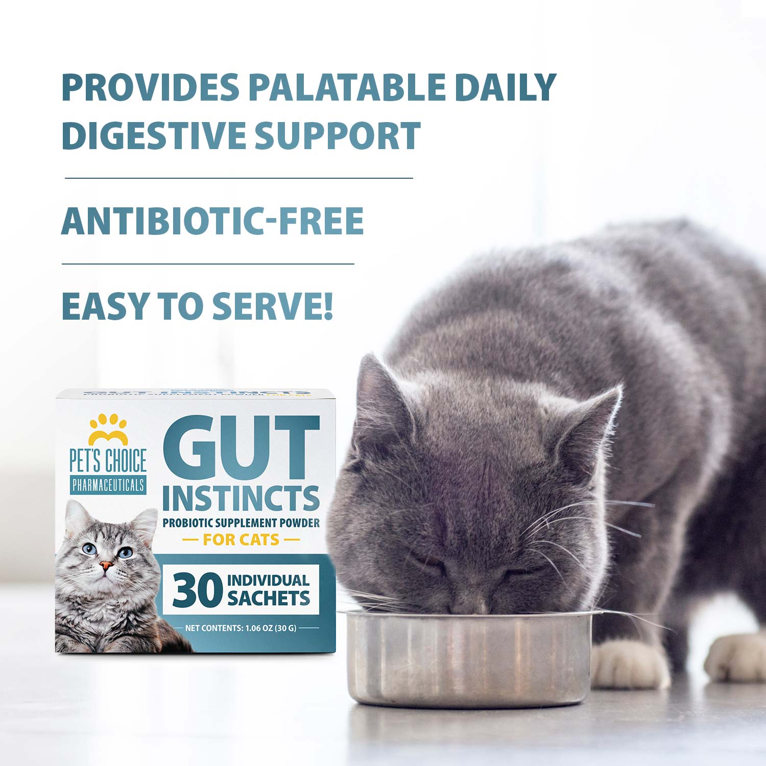 Pets Choice Gut Instincts Probiotic Supplement for Cats, Digestive & Immune Support, 30 Powder Packets, Made in USA