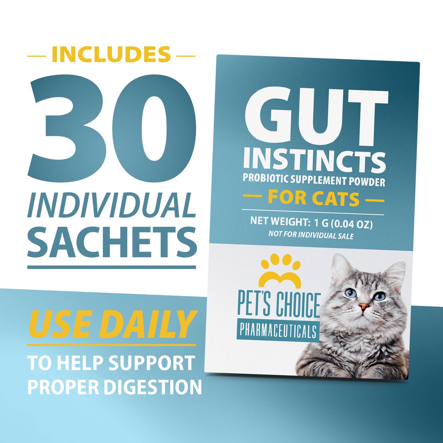 Pets Choice Gut Instincts Probiotic Supplement for Cats, Digestive & Immune Support, 30 Powder Packets, Made in USA