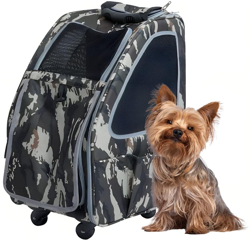 Petique 5-In-1 Pet Carrier, Features: Rolling, Top Handle, Backpack, Luggage Attachment, Car Seat All In One For Small To Medium Dog, Cat, Bunny, Supports Pets Up To 25Lbs - Army Camo