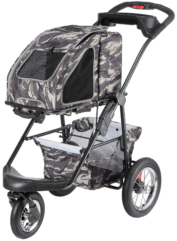 Petique 5-In-1 Complete Travel System With Pet Carrier And Pet Stroller, Stainless Steel Shock Absorption Bike Tires, Sturdy, Lightweight, Large Storage Basket, Supports Pets Up To 25Lbs - Army Camo