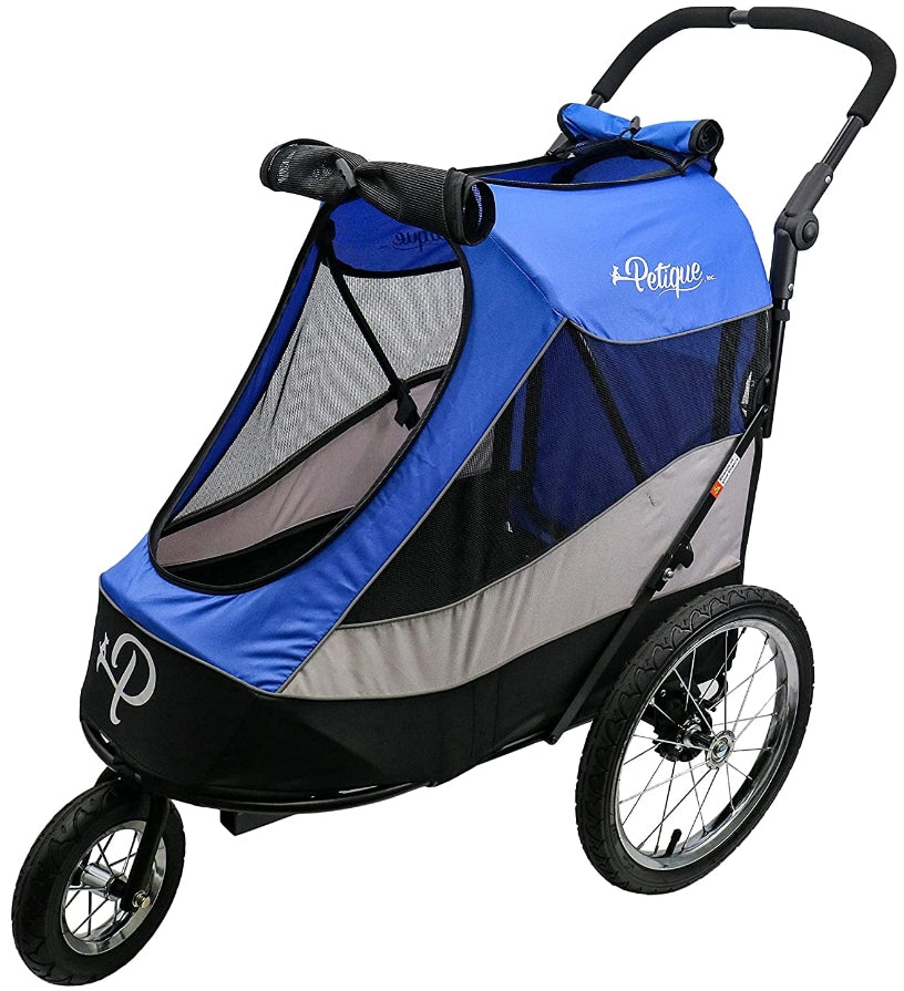 PETIQUE Trailblazer Pet Jogger/Stroller & Bike Trailer, Blue, Supports up to 77LBS, Ideal for Small to Large Dogs and Cats