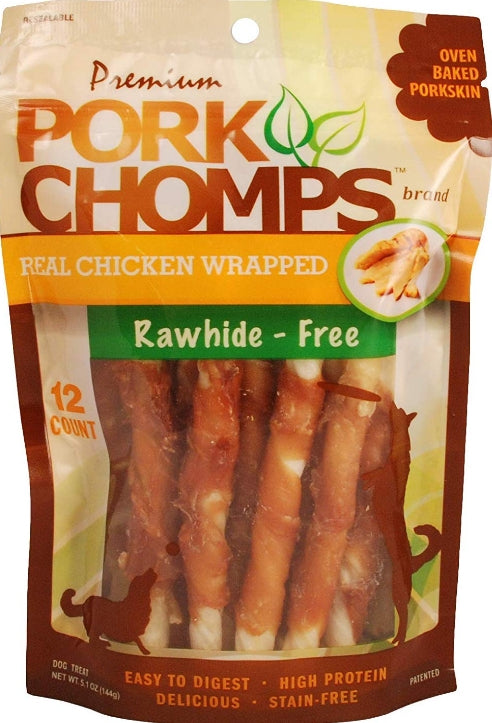 Pork Chomps Baked Pork Skin Dog Chews, 5-Inch Mini Twists, Real Chicken Wrap, 12 Count