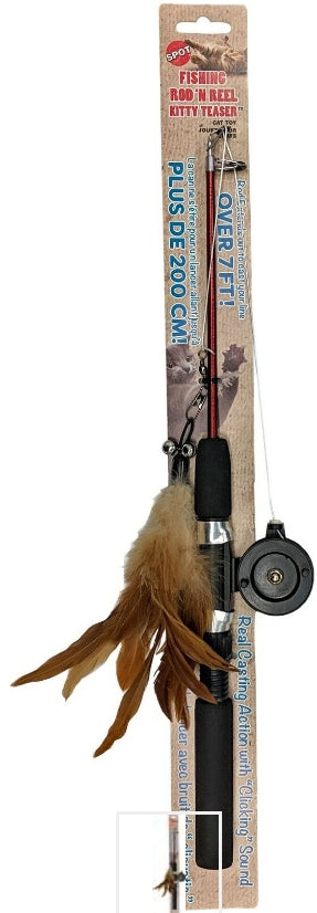 Spot Fishing Rod 'N Reel Kitty Teaser - Cat Toy Fishing Pole Casts A Line Over 7 Feet With Working Reel Locks In Line When You Make Your Catch, Feather End Teases And Entices Cats To Pounce And Chase