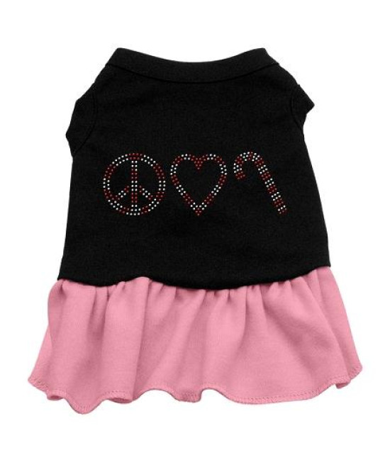 Peace Love Candy Cane Rhinestone Dog Dress - Black with Pink/Extra Small