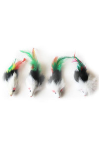 6 Pack Two-tone long hair fur mice with feather tail - 24 Pieces