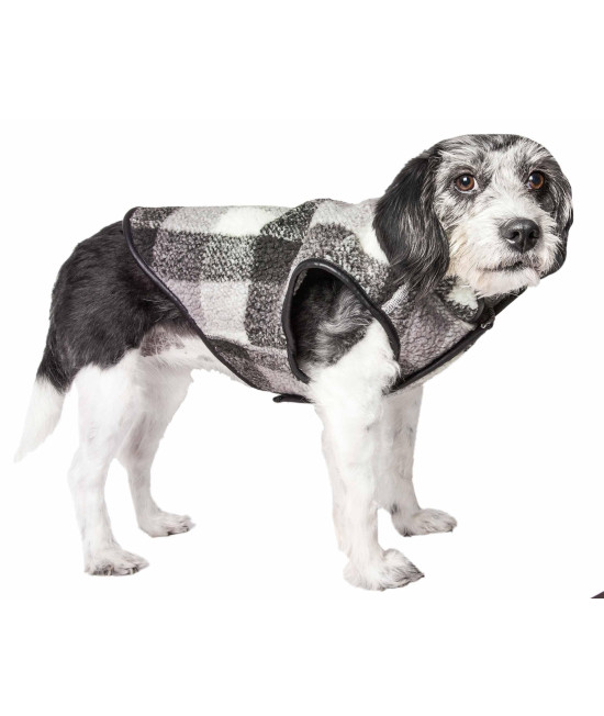 Pet Life 'Black Boxer' Classical Plaided Insulated Dog Coat Jacket, Black, Grey And White Plaid - Large