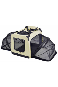 Pet Life 'Hounda Accordion' Metal Framed Soft-Folding Collapsible Dual-Sided Expandable Pet Dog Crate, Khaki - Small