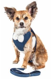 Pet Life Luxe 'Pom Draper' 2-In-1 Mesh Reversed Adjustable Dog Harness-Leash W/ Pom-Pom Bowtie, Navy Blue - Large