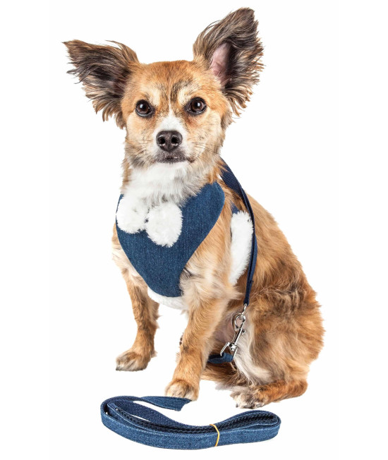 Pet Life Luxe 'Pom Draper' 2-In-1 Mesh Reversed Adjustable Dog Harness-Leash W/ Pom-Pom Bowtie, Navy Blue - Large
