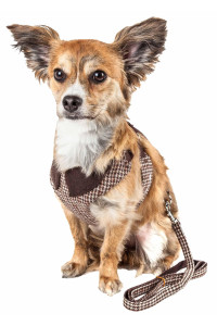 Pet Life Luxe 'Houndsome' 2-In-1 Mesh Reversible Plaided Collared Adjustable Dog Harness-Leash, Brown - Large