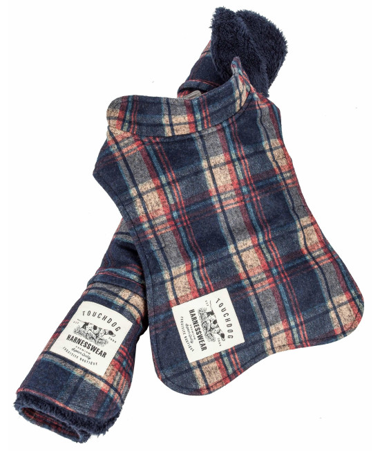Touchdog 2-In-1 Tartan Plaided Dog Jacket With Matching Reversible Dog Mat, Navy Plaid - Small