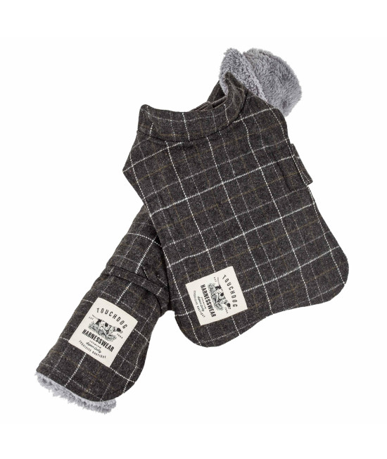 Touchdog 2-In-1 Windowpane Plaided Dog Jacket With Matching Reversible Dog Mat, Dark Grey Plaid - Medium