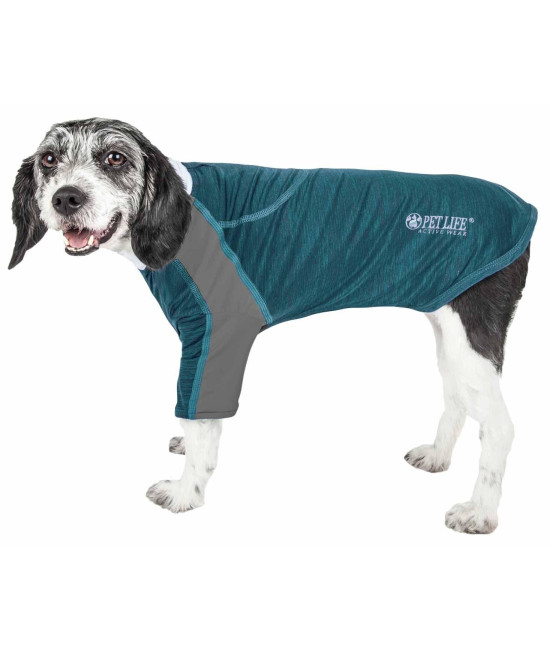 Pet Life Active 'Chewitt Wagassy' 4-Way Stretch Performance Long Sleeve Dog T-Shirt, Teal - Medium