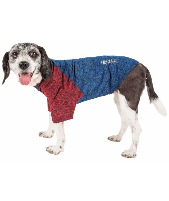 Pet Life Active 'Hybreed' 4-Way Stretch Two-Toned Performance Dog T-Shirt, Blue W/ Maroon Sleeves - Large