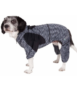 Pet Life Active 'Downward Dog' Heathered Performance 4-Way Stretch Two-Toned Full Body Warm Up Hoodie, Black - X-Small