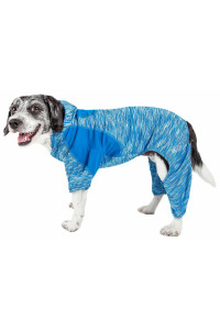 Pet Life Active 'Downward Dog' Heathered Performance 4-Way Stretch Two-Toned Full Body Warm Up Hoodie, Blue - Medium