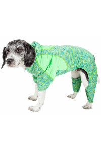 Pet Life Active 'Downward Dog' Heathered Performance 4-Way Stretch Two-Toned Full Body Warm Up Hoodie, Green - Large