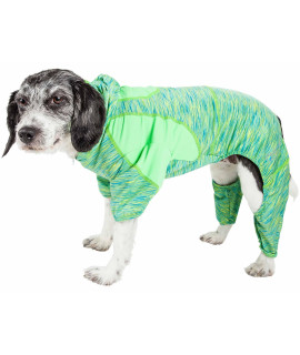 Pet Life Active 'Downward Dog' Heathered Performance 4-Way Stretch Two-Toned Full Body Warm Up Hoodie, Green - Large