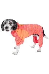 Pet Life Active 'Downward Dog' Heathered Performance 4-Way Stretch Two-Toned Full Body Warm Up Hoodie, Orange - Small