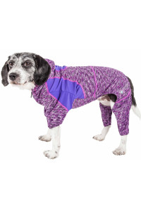 Pet Life Active 'Downward Dog' Heathered Performance 4-Way Stretch Two-Toned Full Body Warm Up Hoodie, Purple - Small