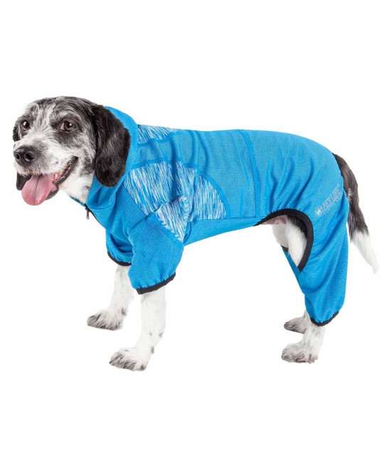 Pet Life Active 'Pawsterity' Heathered Performance 4-Way Stretch Two-Toned Full Bodied Hoodie, Blue - Small