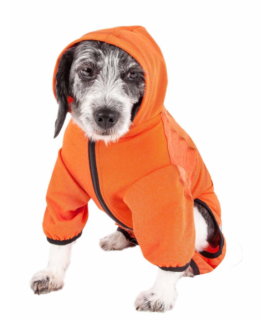 Pet Life Active 'Pawsterity' Heathered Performance 4-Way Stretch Two-Toned Full Bodied Hoodie, Orange - Small