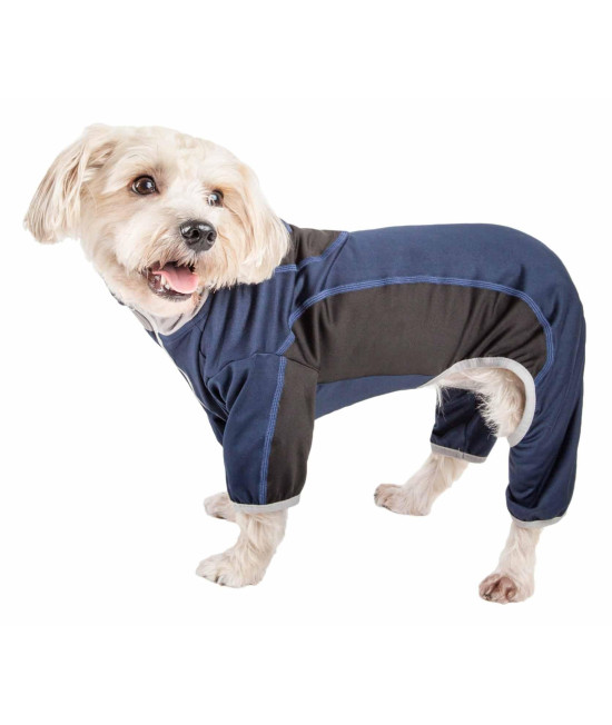 Pet Life Active 'Warm-Pup' Heathered Performance 4-Way Stretch Two-Toned Full Body Warm Up, Navy / Black - Large