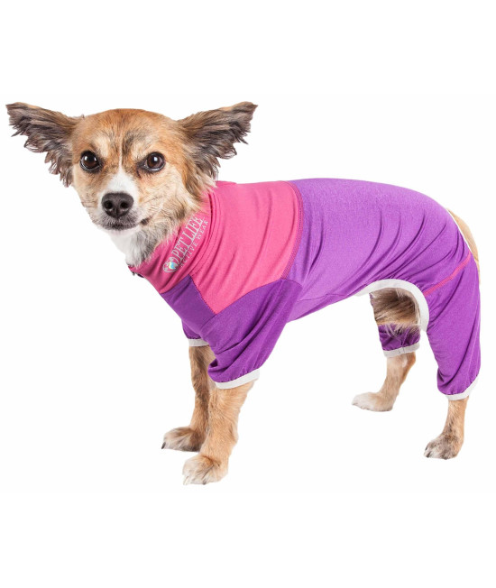 Pet Life Active 'Embarker' Heathered Performance 4-Way Stretch Two-Toned Full Body Warm Up, Lavendar / Pink - X-Large