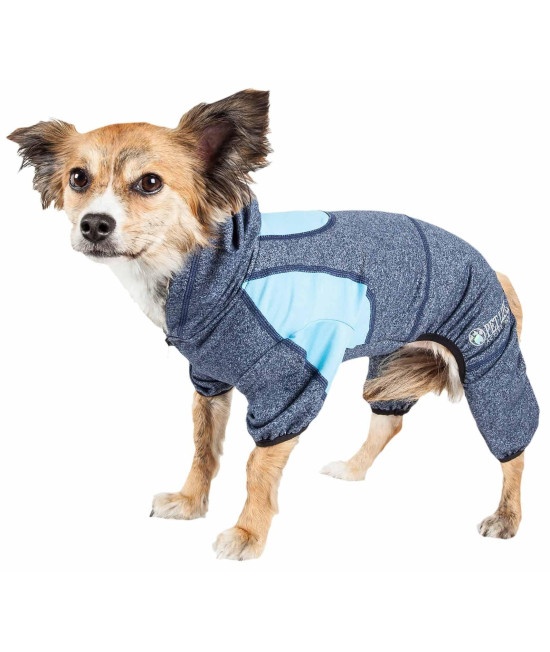 Pet Life Active 'Fur-Breeze' Heathered Performance 4-Way Stretch Two-Toned Full Bodied Hoodie, Blue - Large