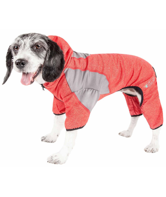Pet Life Active 'Fur-Breeze' Heathered Performance 4-Way Stretch Two-Toned Full Bodied Hoodie, Fire Red And Light Grey - Large